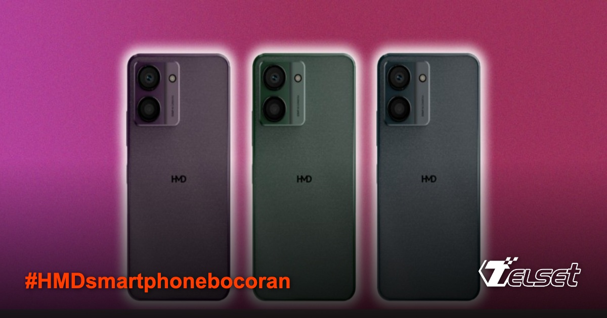 Bocoran desain HMD smartphone dengan tiga pilihan warna: ungu, hijau, dan abu-abu