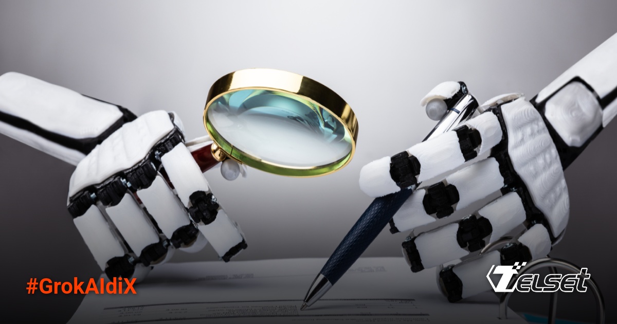 Ilustrasi Grok AI di platform X dengan latar belakang jaringan informasi digital.