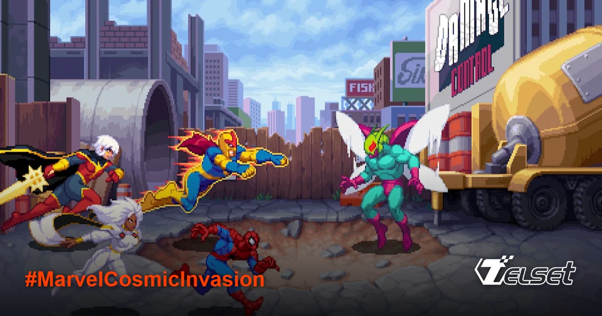 Screenshot Marvel Cosmic Invasion, menampilkan Spider-Man dan Wolverine melawan musuh