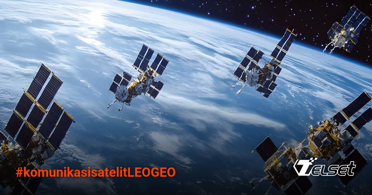 Ilustrasi satelit GEO dan LEO mengorbit Bumi dengan latar belakang angkasa