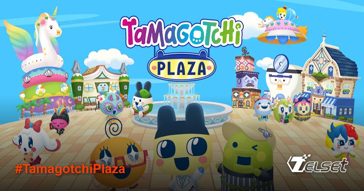 Ilustrasi Tamagotchi Plaza dengan karakter warna-warni dan latar kota virtual