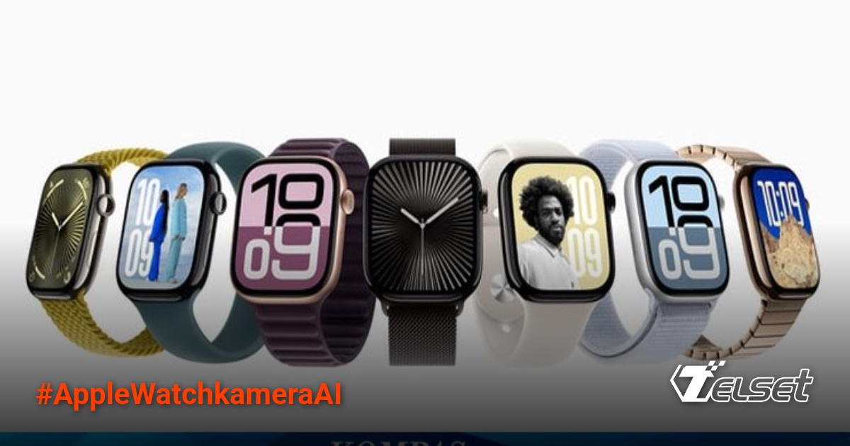 Ilustrasi Apple Watch generasi terbaru dengan kamera AI di layar dan samping