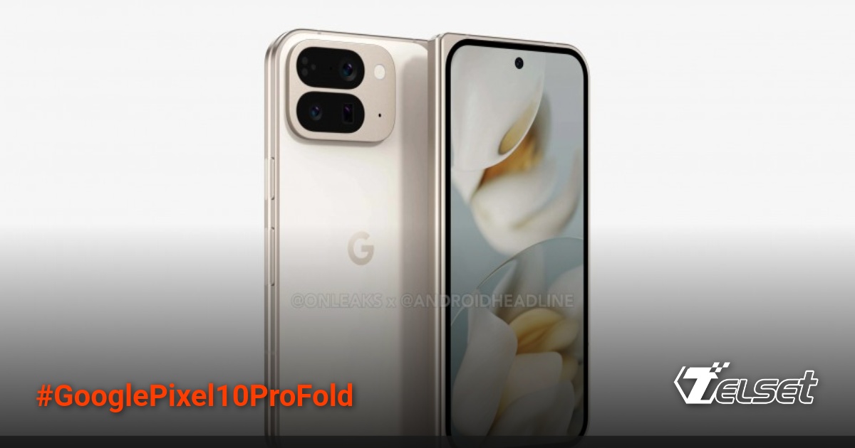 Render Google Pixel 10 Pro Fold dalam mode terbuka dengan layar besar dan desain premium