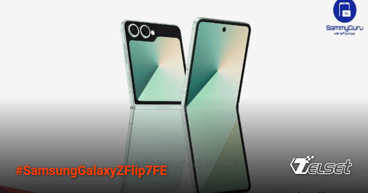 Render desain Samsung Galaxy Z Flip 7 FE dengan layar lipat dan kamera ganda