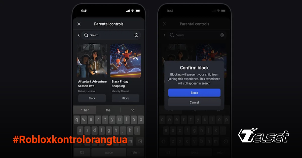 Anak bermain Roblox dengan pengawasan orang tua di latar belakang