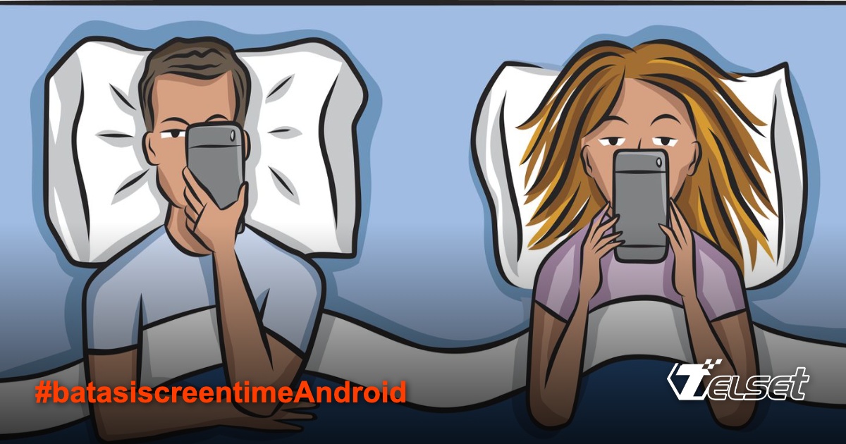 Ilustrasi keluarga memantau screen time di ponsel Android