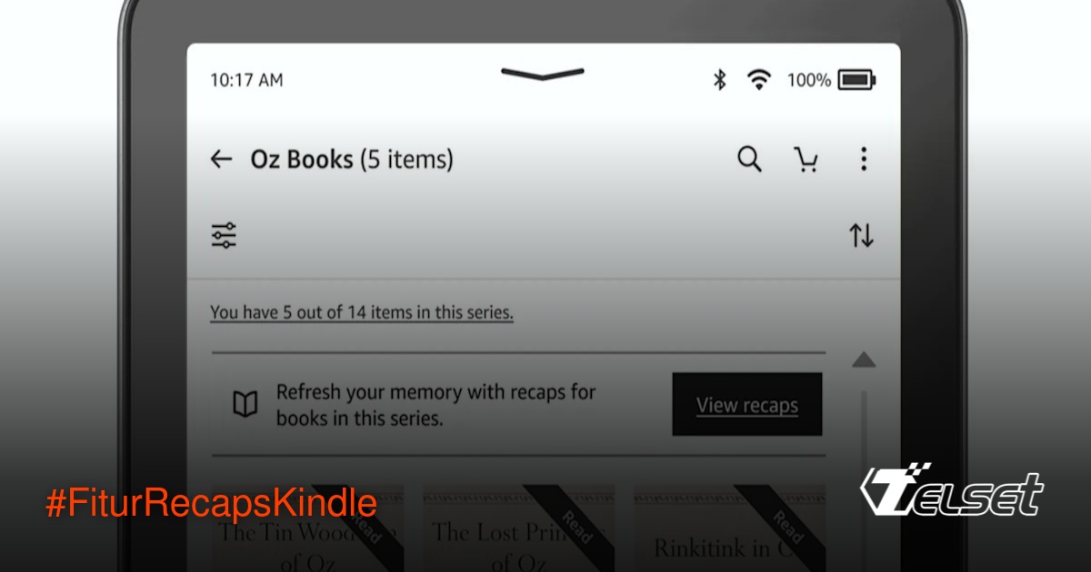Ilustrasi fitur Recaps di perangkat Kindle dengan tampilan ringkasan alur cerita buku