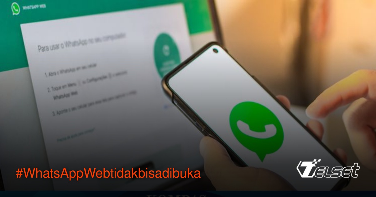 Ilustrasi laptop dengan tampilan WhatsApp Web error dan simbol perbaikan