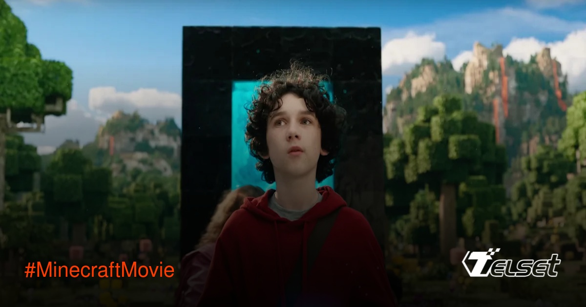 Poster resmi Minecraft Movie menampilkan karakter utama dan dunia blok ikonik