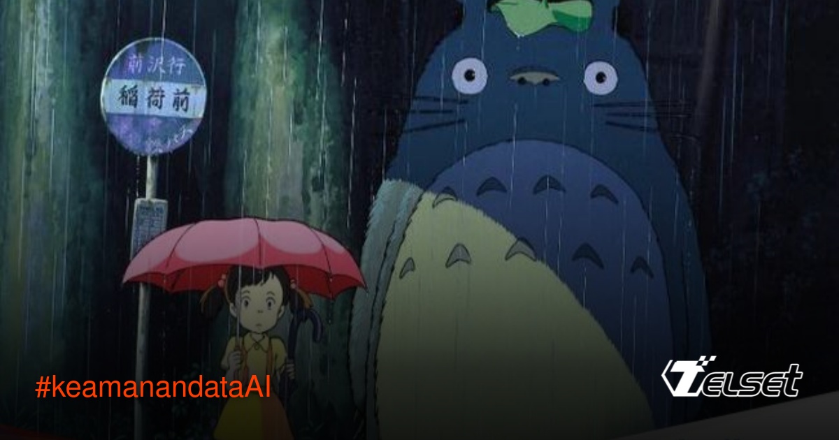 Ilustrasi transformasi foto menjadi animasi AI dengan latar belakang ikon keamanan siber