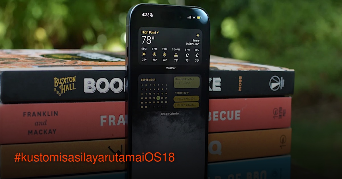 Ilustrasi layar utama iPhone dengan widget dan aplikasi yang diatur rapi di iOS 18