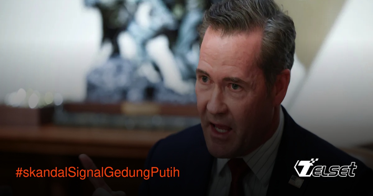 Ilustrasi iPhone dengan logo Signal dan Gedung Putih di latar belakang