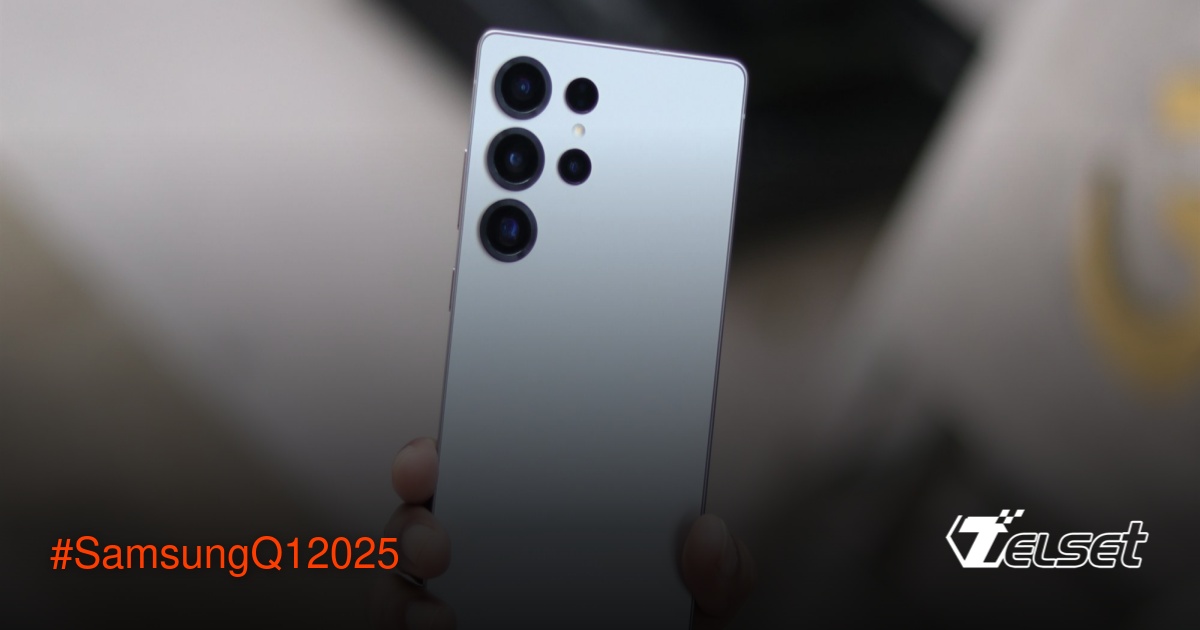 Grafik pertumbuhan keuangan Samsung Q1 2025 dengan latar belakang Galaxy S25