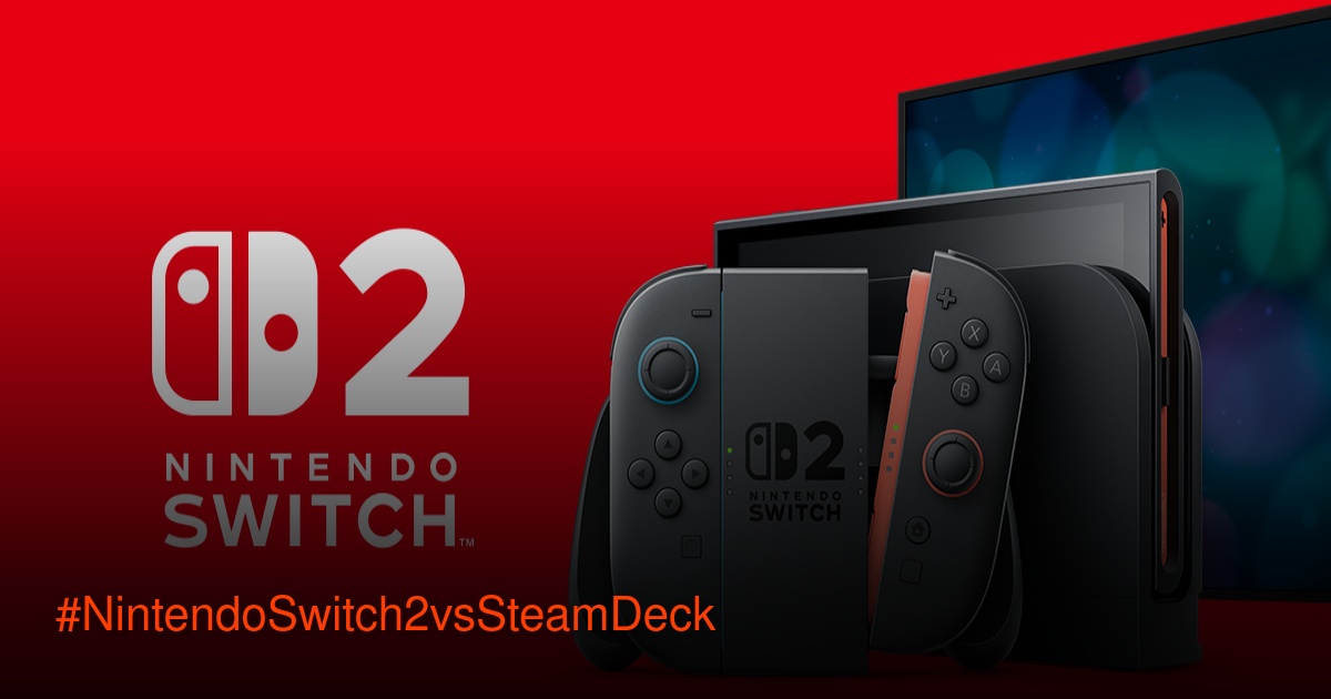Perbandingan Nintendo Switch 2 dan Steam Deck di atas meja dengan kontroler