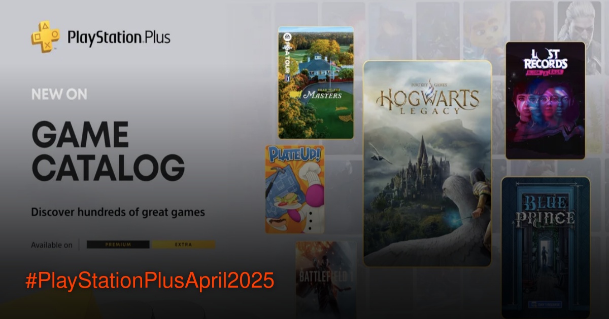 Gambar promosi PlayStation Plus April 2025 dengan Hogwarts Legacy dan game lainnya
