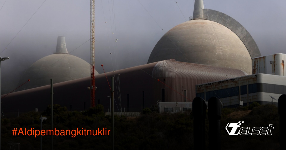 Pembangkit listrik tenaga nuklir Diablo Canyon dengan logo AI dan simbol nuklir