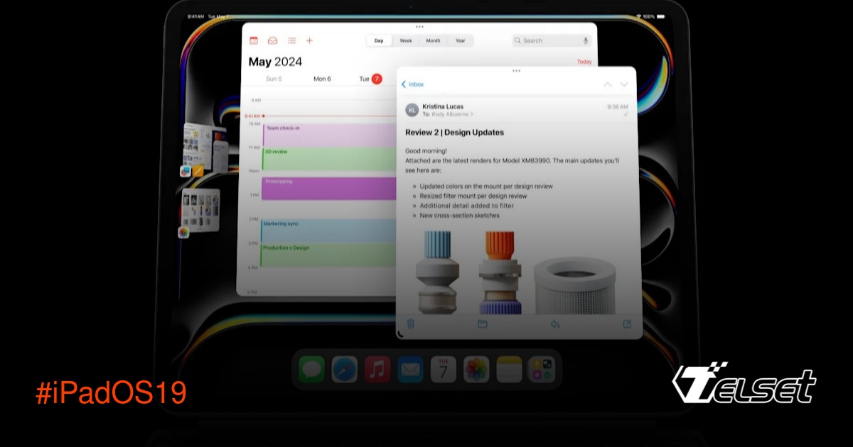 Ilustrasi iPad dengan tampilan mirip macOS menjalankan multitasking