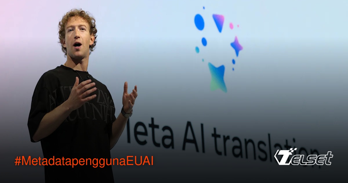 Ilustrasi data digital mengalir dari pengguna ke server Meta dengan latar peta Uni Eropa