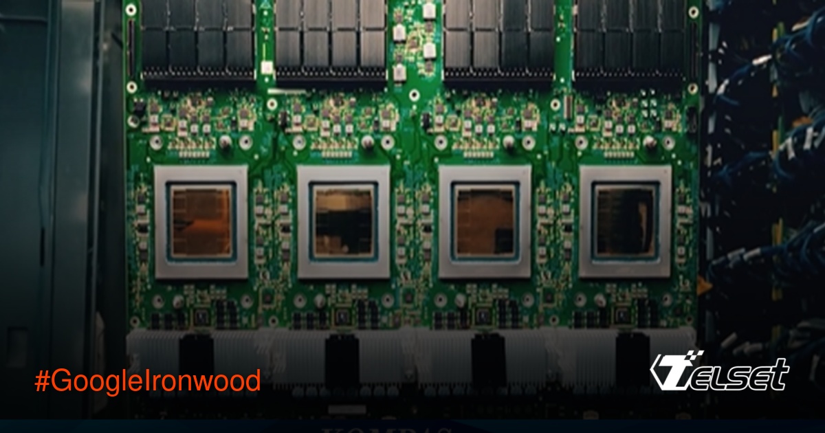 Ilustrasi chip Google Ironwood dengan latar belakang data center modern