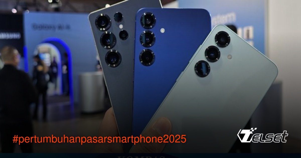 Grafik pertumbuhan pasar smartphone global kuartal I-2025 dengan ilustrasi Samsung Galaxy S25 dan iPhone 16e