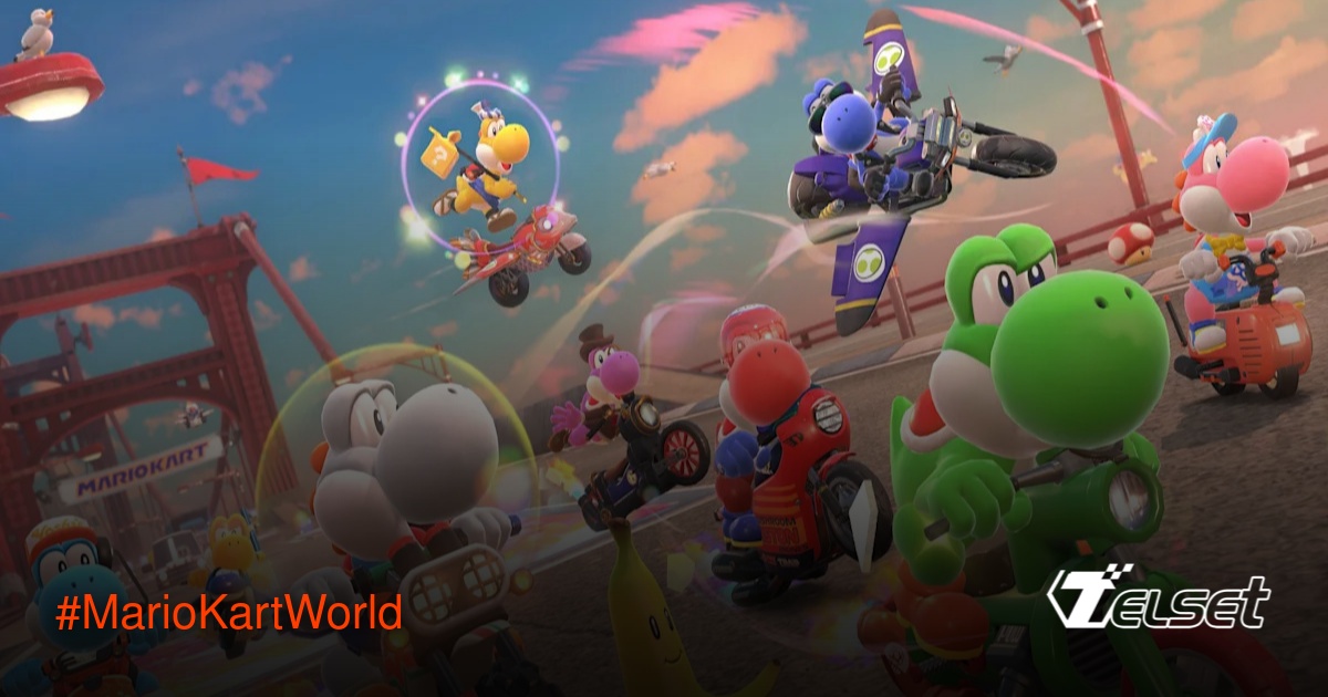 Karakter Mario sedang balapan di trek baru Salty Salty Speedway di Mario Kart World