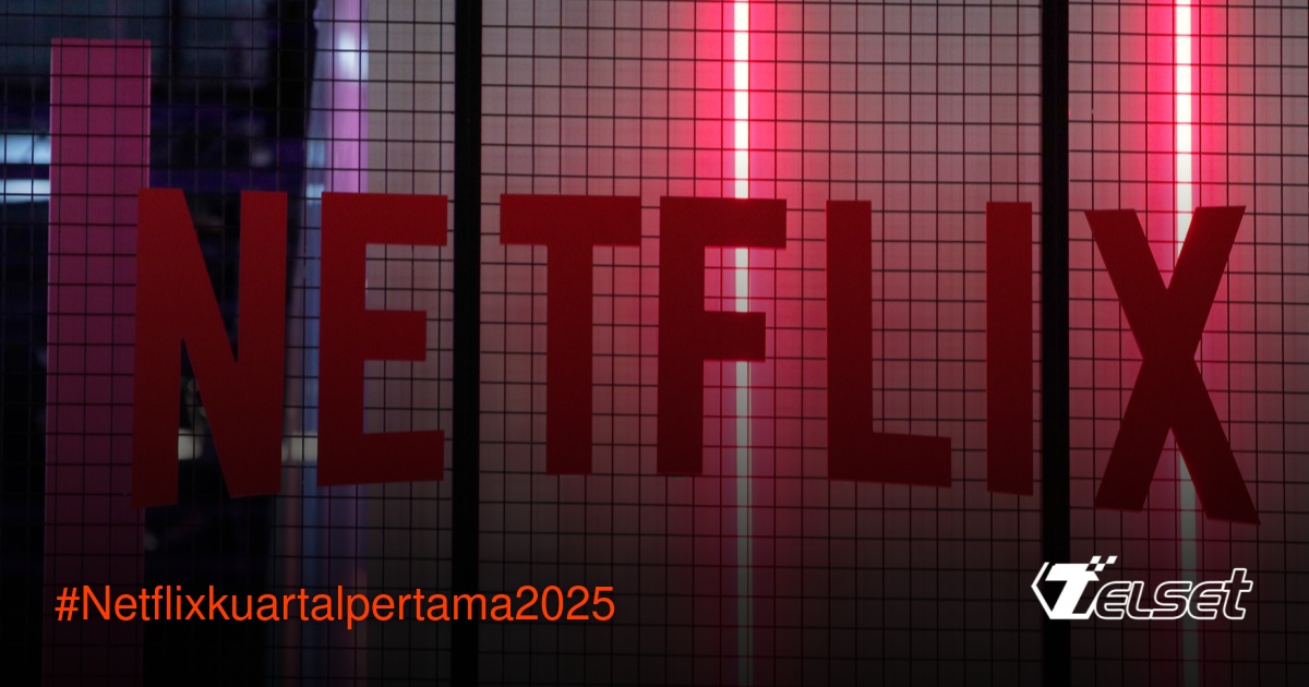 Logo Netflix di layar smartphone dengan grafik pertumbuhan saham di latar belakang