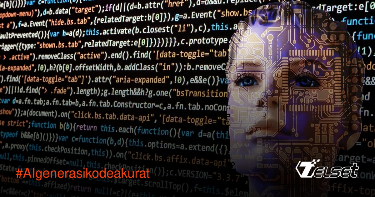 Ilustrasi AI sedang menulis kode komputer dengan akurasi tinggi di layar hologram