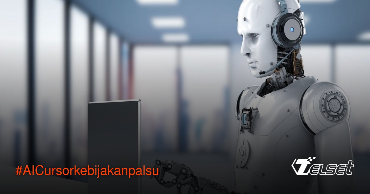 Ilustrasi chatbot AI dengan tanda peringatan dan pengguna komputer yang frustasi