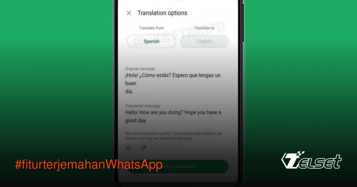 Tampilan fitur terjemahan pesan di WhatsApp untuk Android