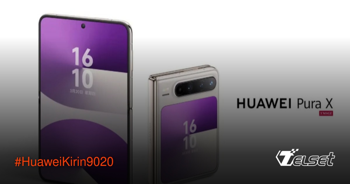 Prosesor Kirin 9020 Huawei pada papan sirkuit dengan desain futuristik