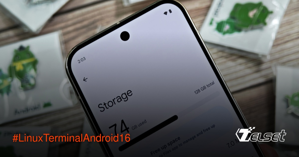 Tampilan Linux Terminal di Pixel dengan pengaturan penyimpanan tidak terbatas