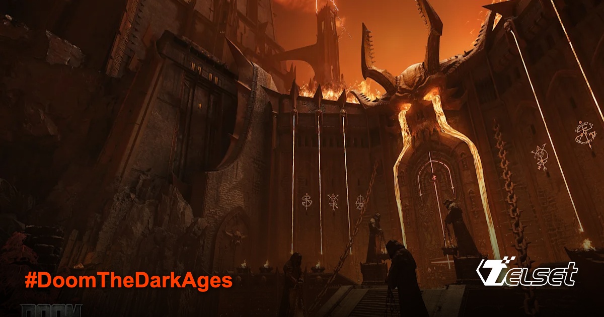 Cover game Doom: The Dark Ages dengan Slayer dan latar neraka