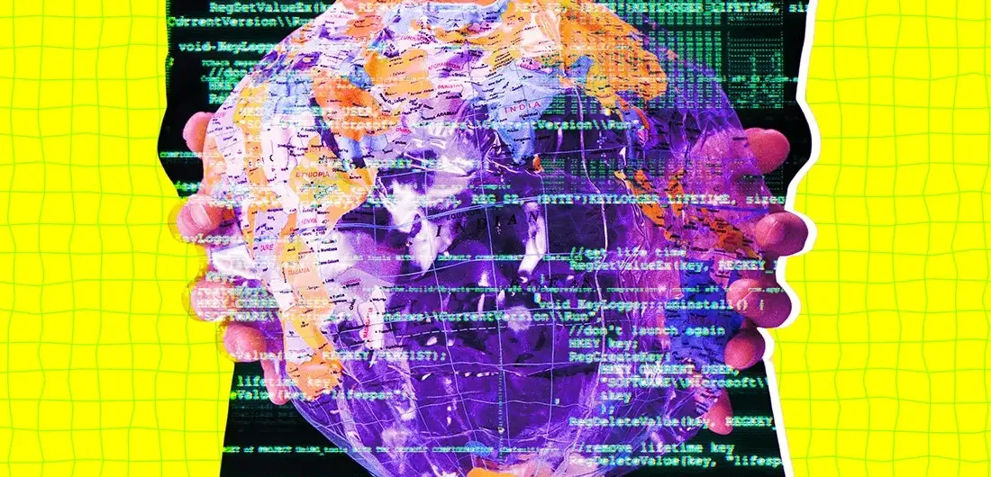 Ilustrasi AI sedang menulis kode pemrograman dengan latar belakang digital