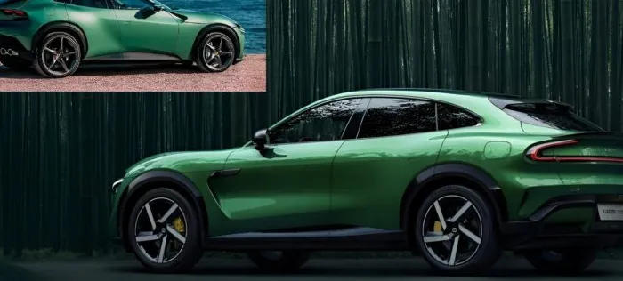 Xiaomi YU7 SUV berwarna hijau zamrud di jalan kota