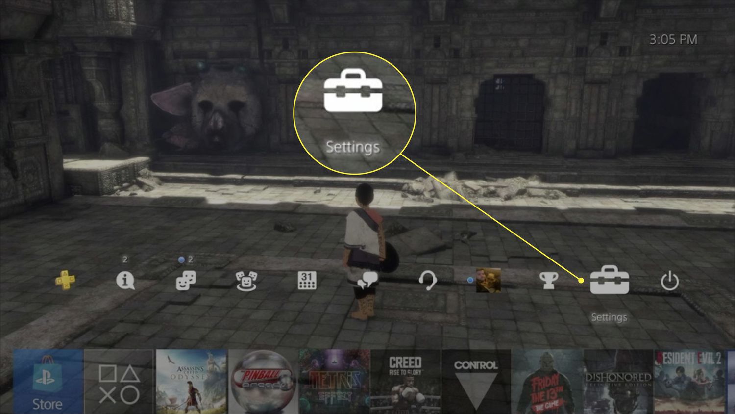 A screenshot of the PS4 home screen with the Settings option highlighted