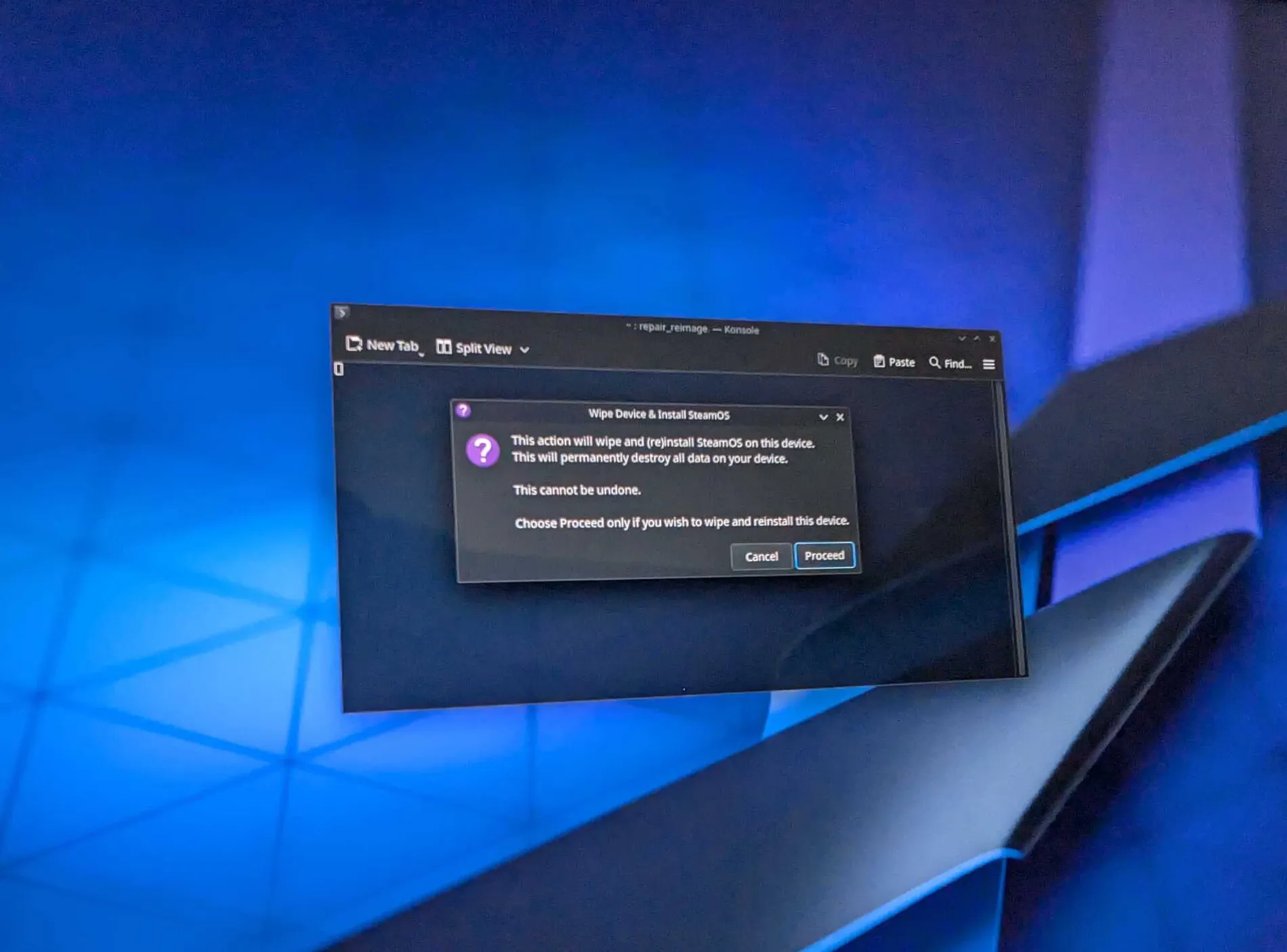 Tampilan peringatan SteamOS sebelum penghapusan data di perangkat handheld