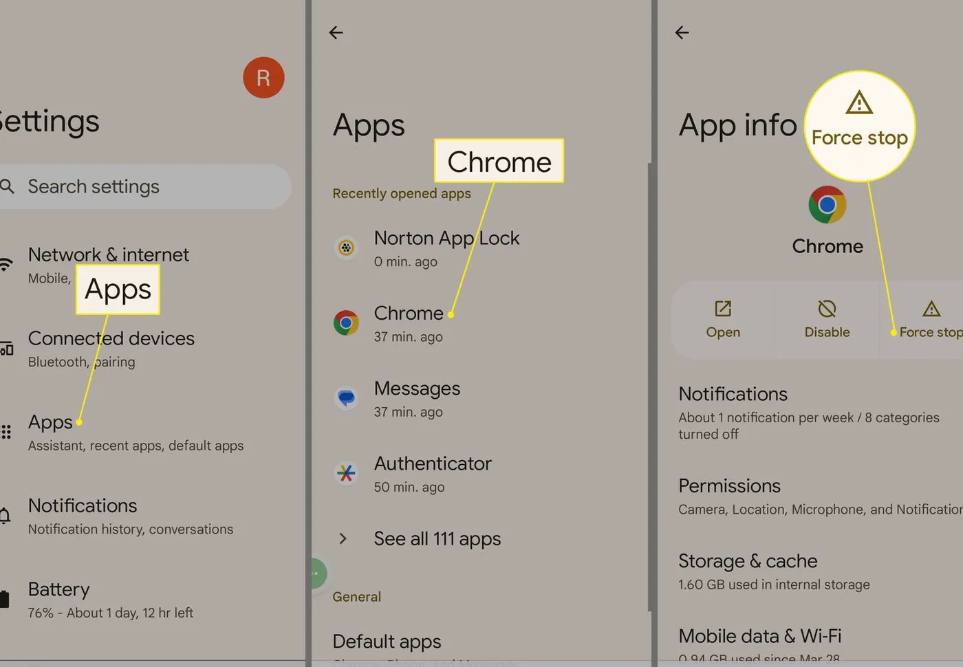Tampilan menu Aplikasi, Chrome, dan Hentikan Paksa di Pengaturan Android