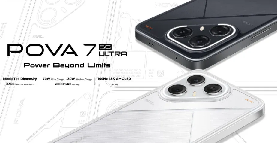 Tecno Pova 7 Ultra 5G smartphone dengan desain futuristik dan lampu LED