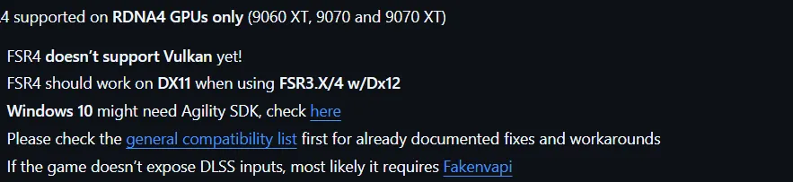 FSR4 didukung pada GPU RDNA4, tidak ada dukungan Vulkan, DX11 membutuhkan FSR3.X/4, Windows 10 perlu Agility SDK