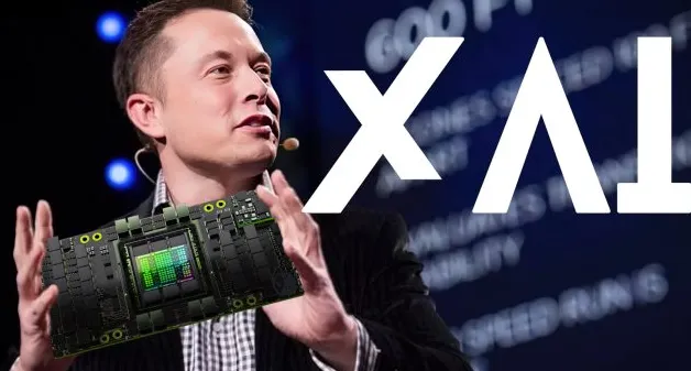 Elon Musk berdiri di depan logo xAI dengan ekspresi serius