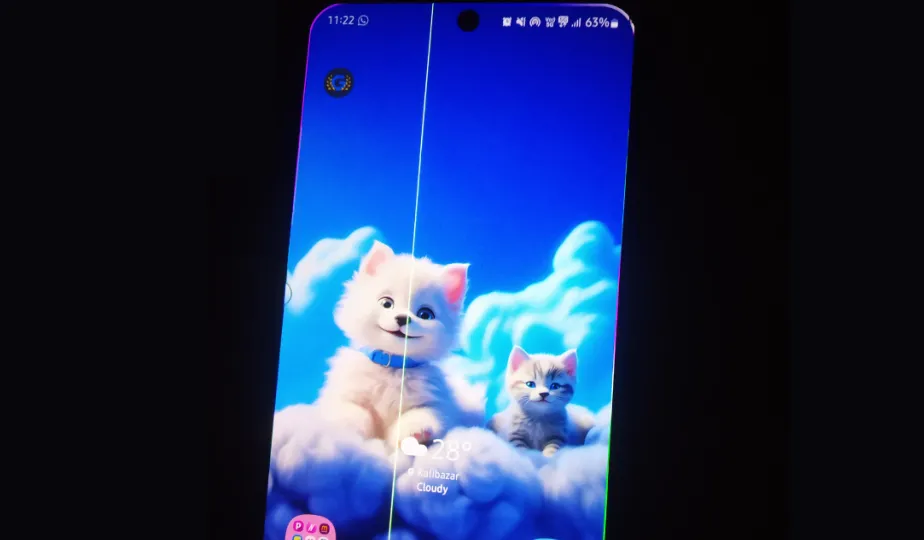 Samsung Galaxy S21 FE dengan garis hijau vertikal di layar