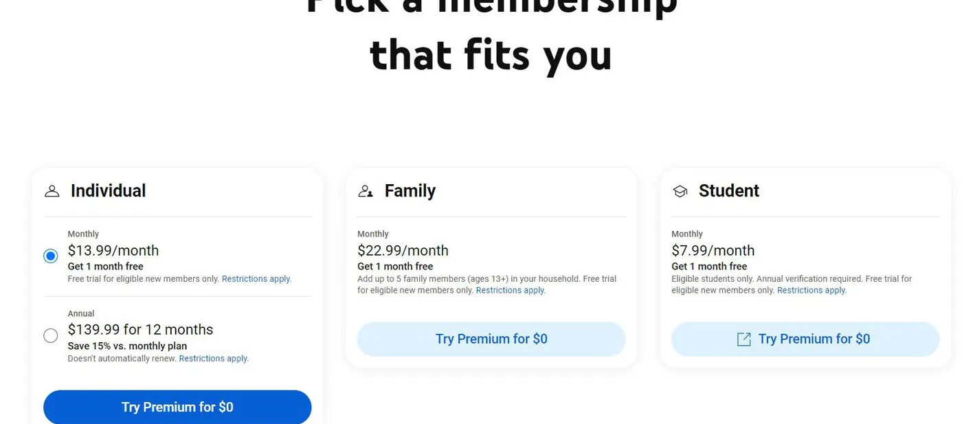Tiga paket YouTube Premium (Individual, Keluarga, dan Pelajar) ditampilkan bersamaan