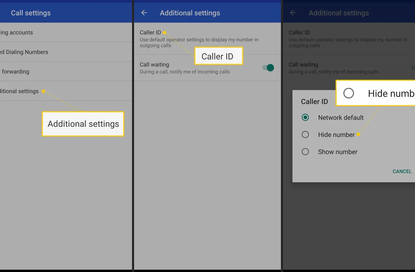 Additional settings, Caller ID, and Hide number in Android Phone app settings