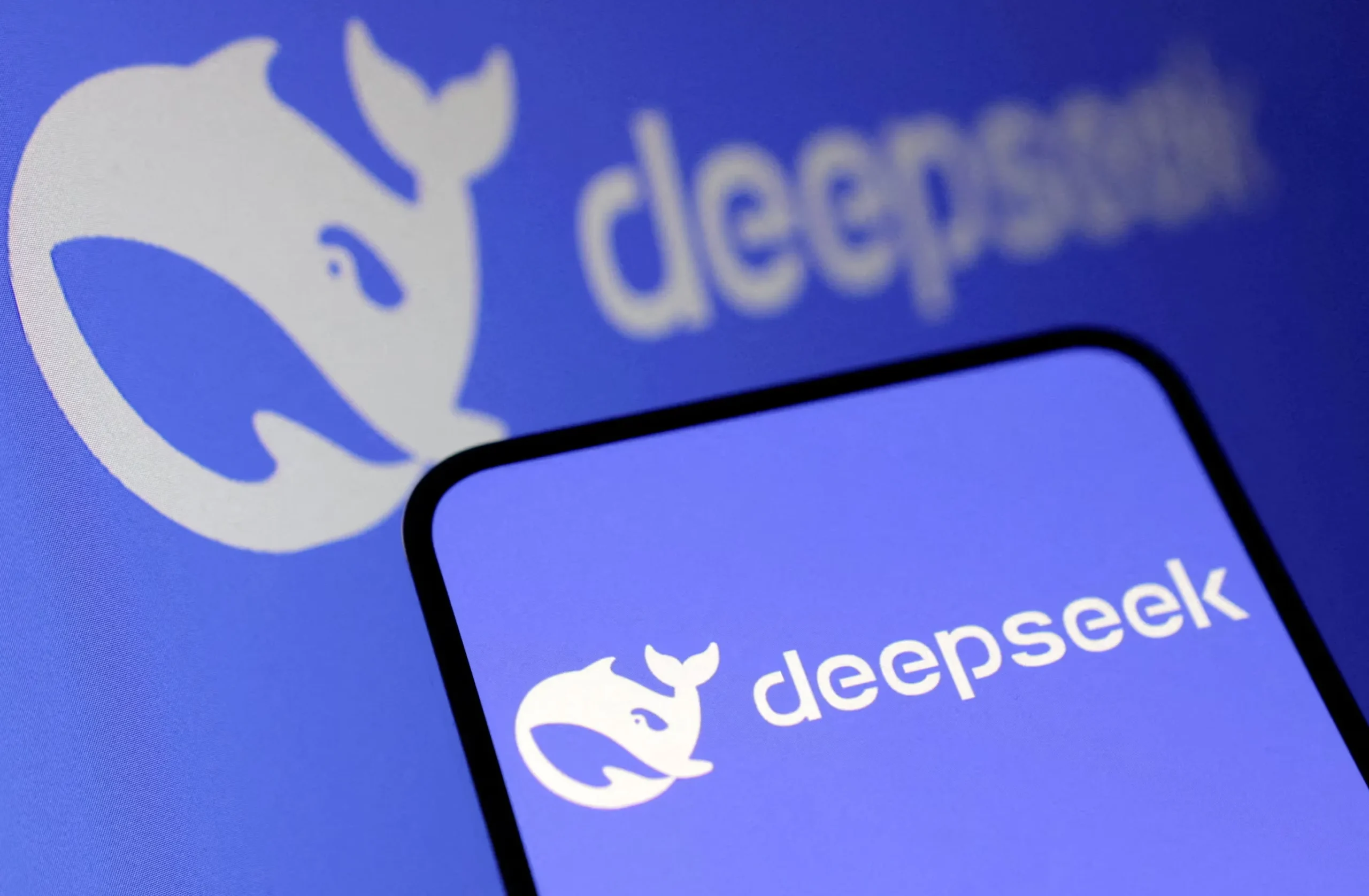 Ilustrasi logo DeepSeek dengan latar belakang teknologi AI