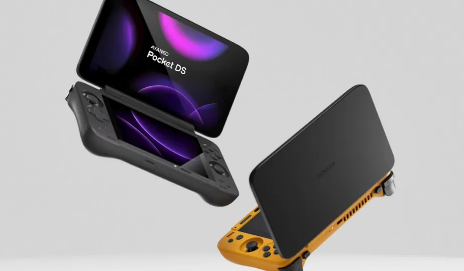 AYANEO Pocket DS handheld Android dengan desain clamshell dan dua layar