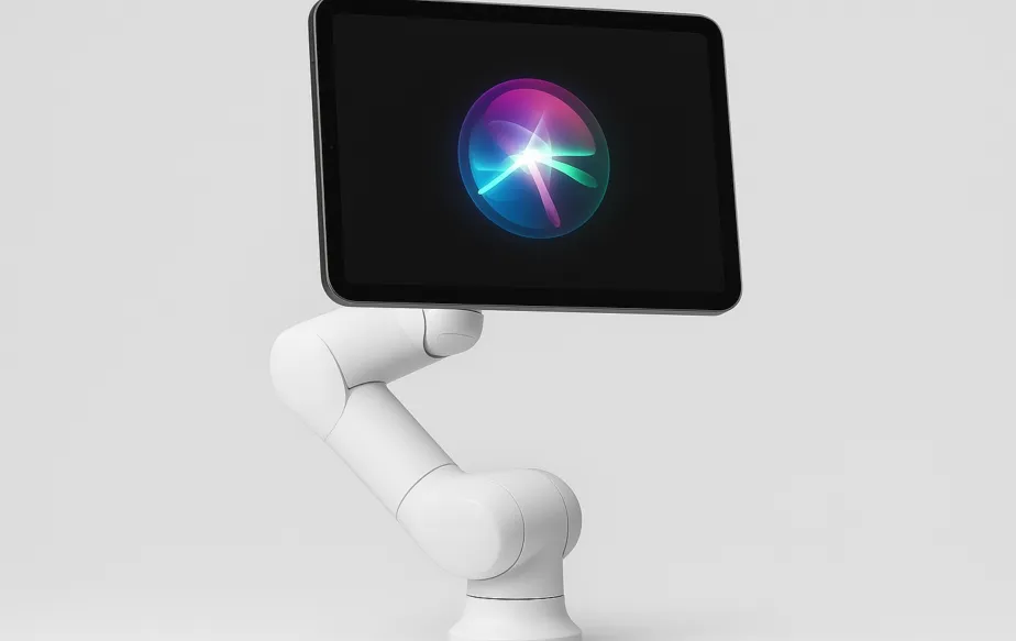 Konsep visual robot rumah Apple dengan layar iPad dan lengan robot yang interaktif