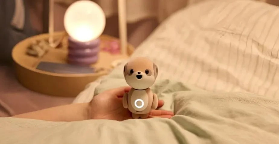 Sharp Poketomo AI companion dengan desain meerkat dan lampu perut berwarna-warni