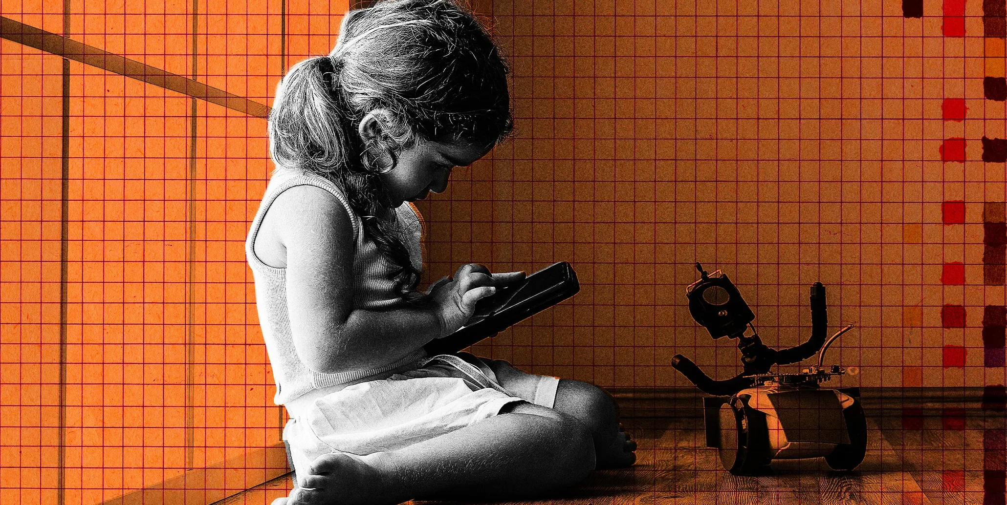 Ilustrasi mainan AI Barbie dengan latar belakang teknologi futuristik