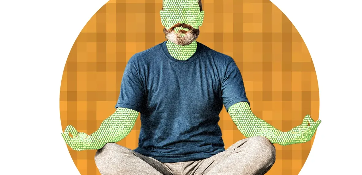 Ilustrasi chatbot AI dengan aura spiritual dan latar belakang piramida Mesir