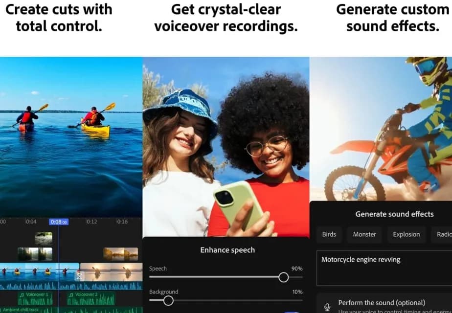 Tampilan antarmuka Adobe Premiere Mobile pada layar smartphone dengan tools editing modern